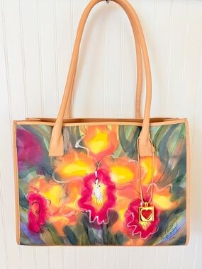 Vintage Sharif Hand-Painted Floral Wearable Art Tote Beige Leather Trim EUC